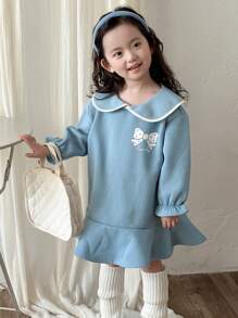 Dazy Kids 女童蝴蝶图案抓绒连衣裙，秋季服装，冬季 - 藍色 - 查看 3