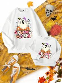SHEIN Moletom com capuz fofo casual de Halloween para meninas, estampa de letras e fantasmas, outono-inverno (roupas combinando mãe e filha, 2 peças vendidas separadamente), para festa de Halloween