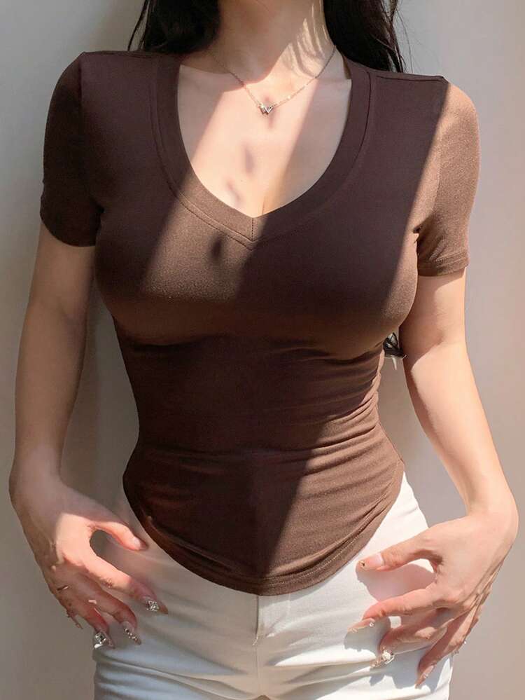 Women's Casual Solid V-Neck Short Sleeve T-Shirt, Summer