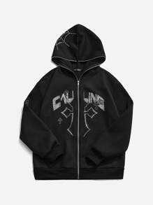 SHEIN Unity 正面拉链饰有水钻的简约连帽卫衣，休闲日常秋季卫衣 - 黑色 - 查看 3
