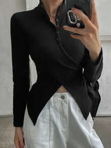 DAZY Women's Thermal Lined Slim Fit Button Up T-Shirt,Fall Clothes Long Sleeve Women Tops,Thermal Lined Turtleneck Women - Black - View 9