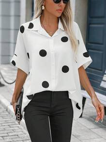 SHEIN LUNE Camisa de verano de manga corta con botones delanteros y estampado de lunares