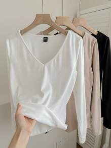 SHEIN LUNE 3 piezas/paquete Camisetas térmicas de cuello en V para mujeres - Multicolor - Ver 5