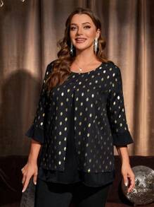 EMERY ROSE Plus Size Polka Dot Print Casual Long Sleeve Round Neck Blouse,Fall Women Clothes