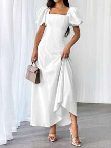 Firerie 女士纯色方领短袖后背拉链长款休闲连衣裙、度假装 - 白色 - 查看 4