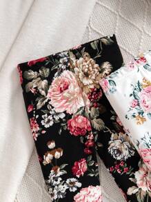 SHEIN Leap Crew 2pcs Baby Girls' Cute & Versatile Floral Knitted Elastic Waist Pants Set, Autumn-Winter - Black and White - View 5