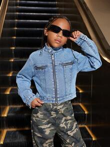 Tween Girls Casual Comfortable Soft Washed Zipper Decor Street Chic Denim Jacket - Medium Wash - View 4