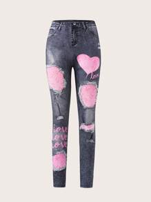 Teen Girl Heart Ripped Denim Effect Pattern Comfortable Leggings - Multicolor - View 1