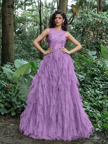 Faeriesty Luxus Spitzenbesatz Detail Mesh Überlagerung Abendkleid - Violett - Übersicht 4