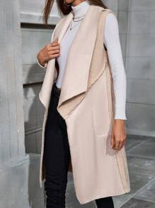 SHEIN LUNE Apricot Women's Oversized Collar Sleeveless Casual Jacket Spring/Autumn/Winter - Apricot - View 4