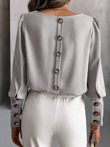 EMERY ROSE Plain Round Neck Long Sleeve Button Classic Casual Shirt Fall Cloth For Women - Grey - View 3