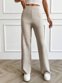 EURMUSE 女士罗纹针织直筒高腰针织裤 - 杏色 - 查看 4