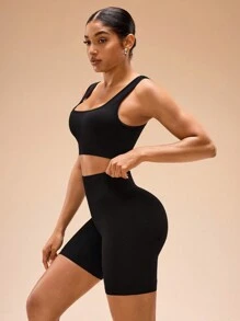 Easithlete Women's Solid Ribbed Cropped Slim Fit Scoop Neck Tank Top And Bike Shorts 2-Piece Set - Black - View 5