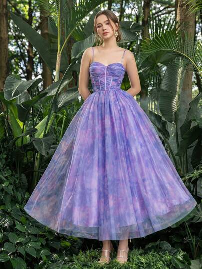 Floral Tulle Ruched Bustier Cami Homecoming Party Dress Perfect For Back To School, Gathering, Dance & Cocktail Events Elegant Prom Semi Formal Wedding Guest Dress, For Birthday, Graduation