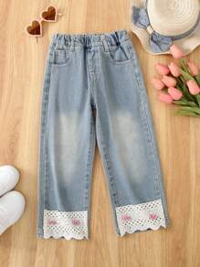 Young Girls' Patchwork Simple Casual Washed Denim Jeans - Blue - View 1