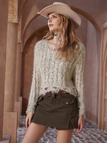 GENKIRA Áo len ngắn dệt kim dáng rộng, độc đáo, mềm mại và ngọt ngào, kiểu dáng rách nhẹ, thích hợp cho mùa Thu/Đông, áo len chui đầu mùa Thu. - Nhiều màu - Xem 5