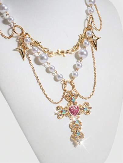 Fairycore 1pc Fall Fashionable Rhinestone Cross Layered Necklace, Suitable For Women's Daily Wear To Enhance Elegance