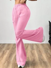 SHEIN EZwear Pantalones de chándal casuales de mujer de unicolor simple con bolsillo y nudo delantero - Rosa - Ver 3