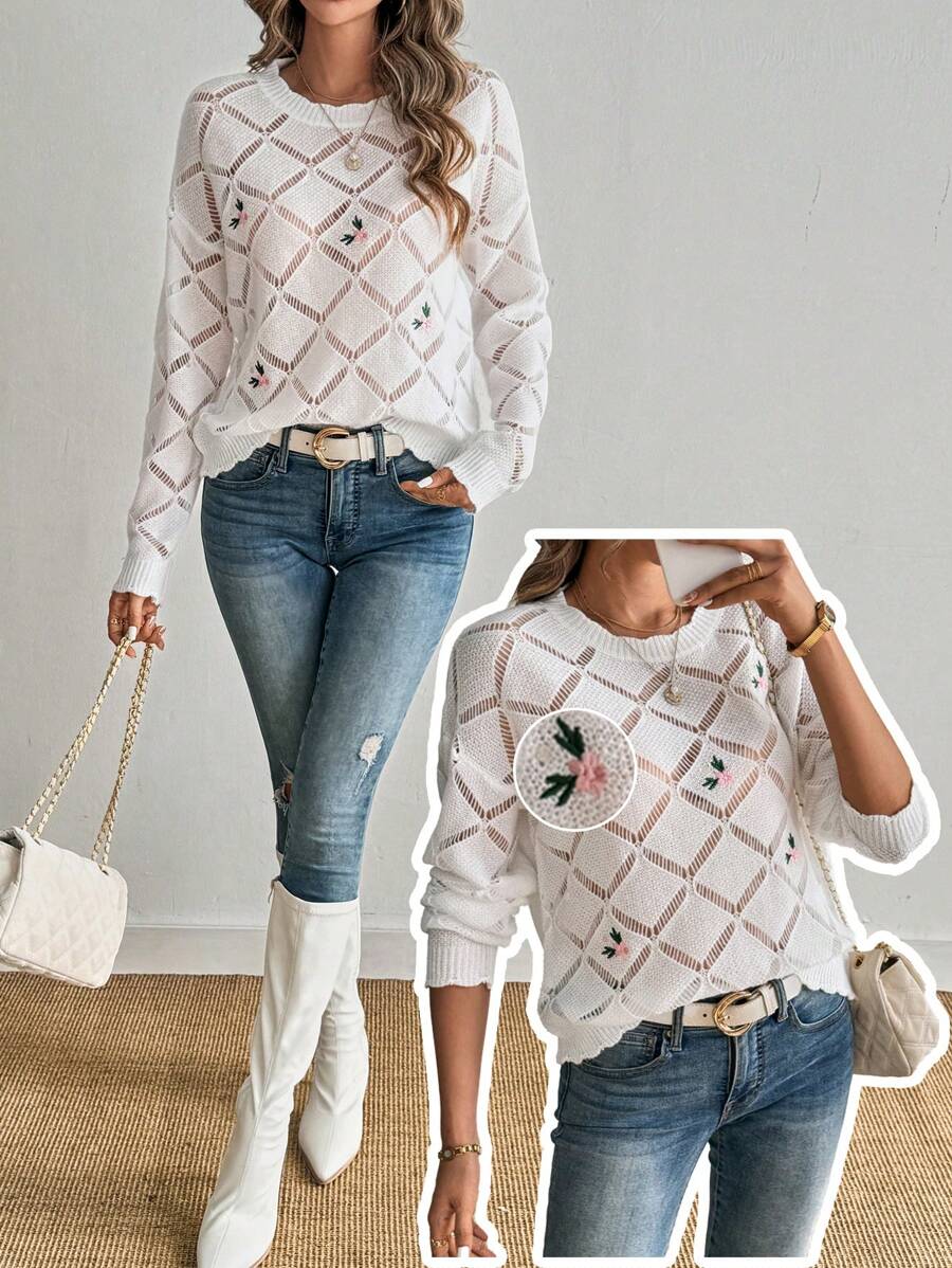 SHEIN LUNE Embroidered Long Sleeve Sweater For Women
