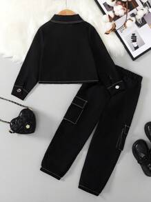 Genkimix Kids 2pcs Young Girl Fashion Korean Style Casual Collared Short Jacket + Pants Set, Spring Autumn