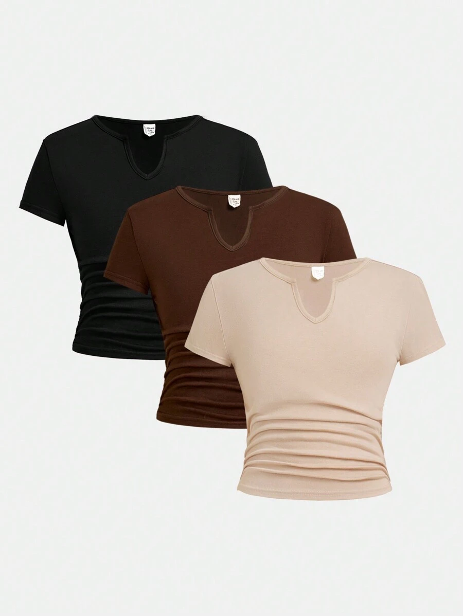 SHEIN Girlism 2pcs/Set Tween Girl Casual Simple Solid Soft Short Sleeve T-Shirt - Apricot - View 1