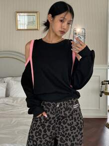 DAZY 女式撞色镂空圆领黑色长袖运动衫，秋季服装 - 黑色 - 查看 8