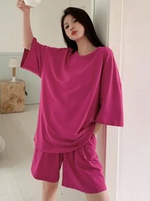 DAZY 夏季纯色简约宽松T恤和短裤家居服套装，服装 - 玫紅色 - 查看 3