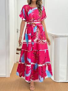 SHEIN LUNE Váy in hoa cổ tròn tay ngắn, thường ngày và ngày lễ - Màu đỏ tím - Xem 1