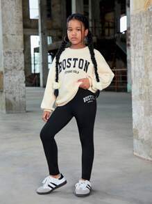 SHEIN Ensemble de 2 pièces pour fille préadolescente : sweat-shirt imprimé de lettres et pantalon, ensemble de sport décontracté - Nude - Voir 3