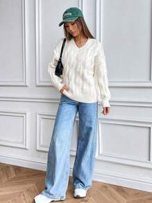 Lunelith SHEIN Lunessa Cálido suéter de manga larga tipo oversize con cuello en V y nudo tejido, para invierno