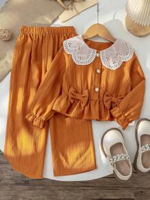 SHEIN Vintaside Kids 2pcs/Set Young Girl Fashionable Casual Fuzzy Ribbed Asymmetric Hem Sweatshirt And Pants Set, Suitable For Outgoing, Vacation, Everyday Wear, Fits Autumn & Spring, Fashion , Cute, Stylish