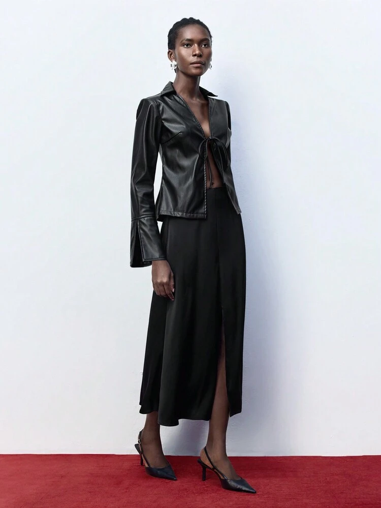 SHEIN Maija Veste en PU noire unie avec nœud devant, pour port casual quotidien pour femmes
