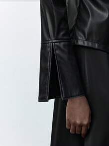 Maija Women's Black Solid Color Tie-Front PU Leather Jacket, Casual Daily Wear - Black - View 4
