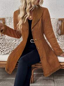 SHEIN Clasi Giacca casual da donna con colletto, maniche lunghe e bottoni anteriori, in tessuto termico, adatta per l'autunno e l'inverno - Cachi - Visualizzare 6