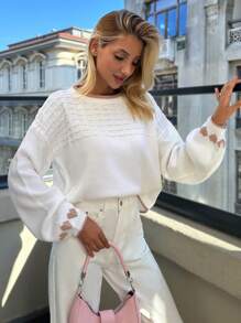 EURMUSE Casual Cute Pink Heart Pattern Balloon Sleeve Sweater - White - View 1