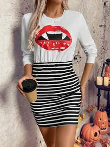 SHEIN LUNE 万圣节红唇印花 + 条纹拼布女士紧身连衣裙