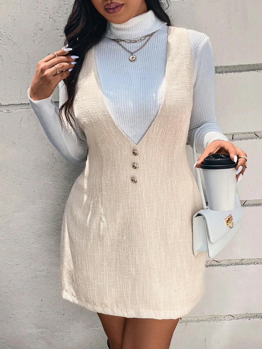 SHEIN Frenchy Plus Size V-Neck Front Button Minimalist Elegant Suspender Mini Dress - Apricot - View 1