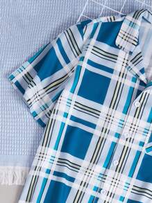 2pcs Plaid Pattern Short Sleeve Cardigan And Shorts Casual Pajama Set For Tween Boys