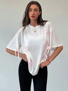 Aloruh Romantic Y2K Style Loose Fit Bow Neck Short Sleeve White T-Shirt For Women