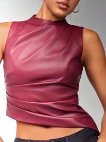 SHEIN BAE 女士夏季 PU 皮革褶皱不对称下摆时尚吊带背心 - 酒紅色 - 查看 2