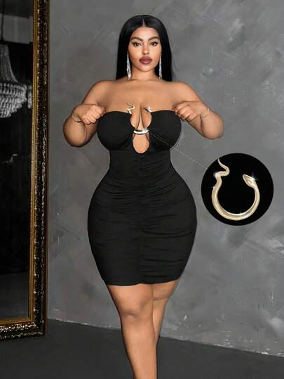 Maweii Vestido tubo ajustado y sexy de unicolor con adorno de anillo, talla grande