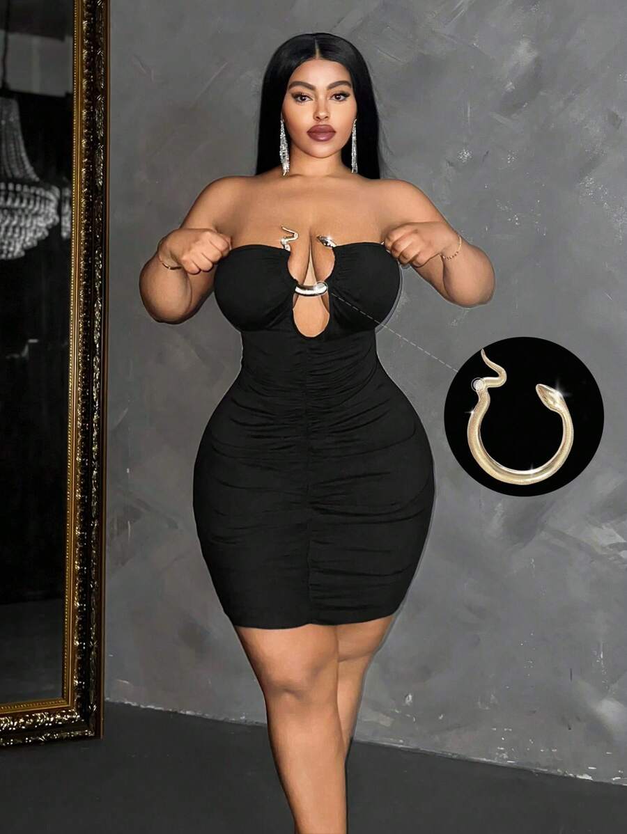 Maweii Đầm ống bó sát gợi cảm màu trơn cỡ lớn trang trí vòng - màu đen - Xem 1