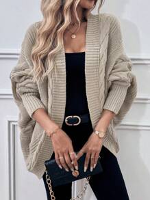 SHEIN LUNE 纯色宽松蝙蝠袖休闲开衫 - 卡其色 - 查看 4