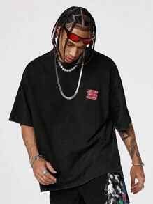 Manfinity VCAY 男士雪花图案宽松针织圆领短袖 T 恤 - 深灰色 - 查看 3