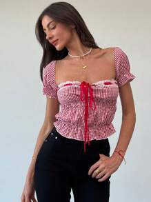 Aloruh Y2K Vintage Loose Crop Low Cut Plaid Drawstring Elastic Waist Women Shirt - Czerwony - Zobacz 6