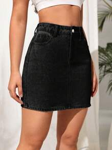 Rok Denim Kasual Sederhana Warna Polos untuk Wanita - Dark Grey - View 5