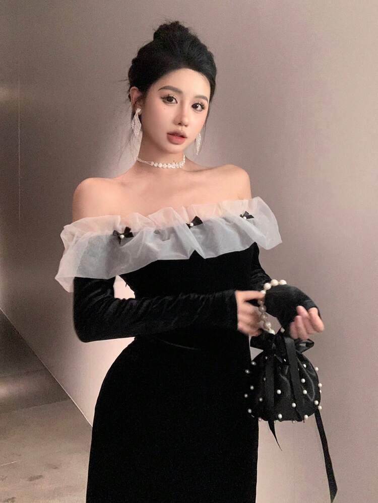 Valentine's Day, Party, Back To School Off-Shoulder Long Sleeve Contrast Color Bow Accent Mid-Calf Formal Dress For Women Prom Dress,Fall Clothes Elegant Women Dresses New Year Eve Dress
