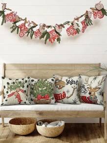 Set Of 4 Christmas Throw Pillow Covers, Woven Linen Blend, Contemporary Style, Festive Printed Designs With Zipper Closure, Machine Washable - Suitable For Various Room Types, Living Room Decor - Multicolor - View 7