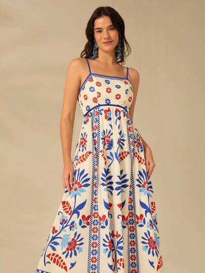 CAJUNI Vestido casual de verano con escote de tirantes delgados y espalda descubierta, estampado con selenipedium y azalea, elegante y gracioso, para vacaciones de mujeres