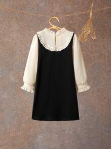 少女荷叶边纯色拼接休闲度假长袖连衣裙 - 黑色 - 查看 2